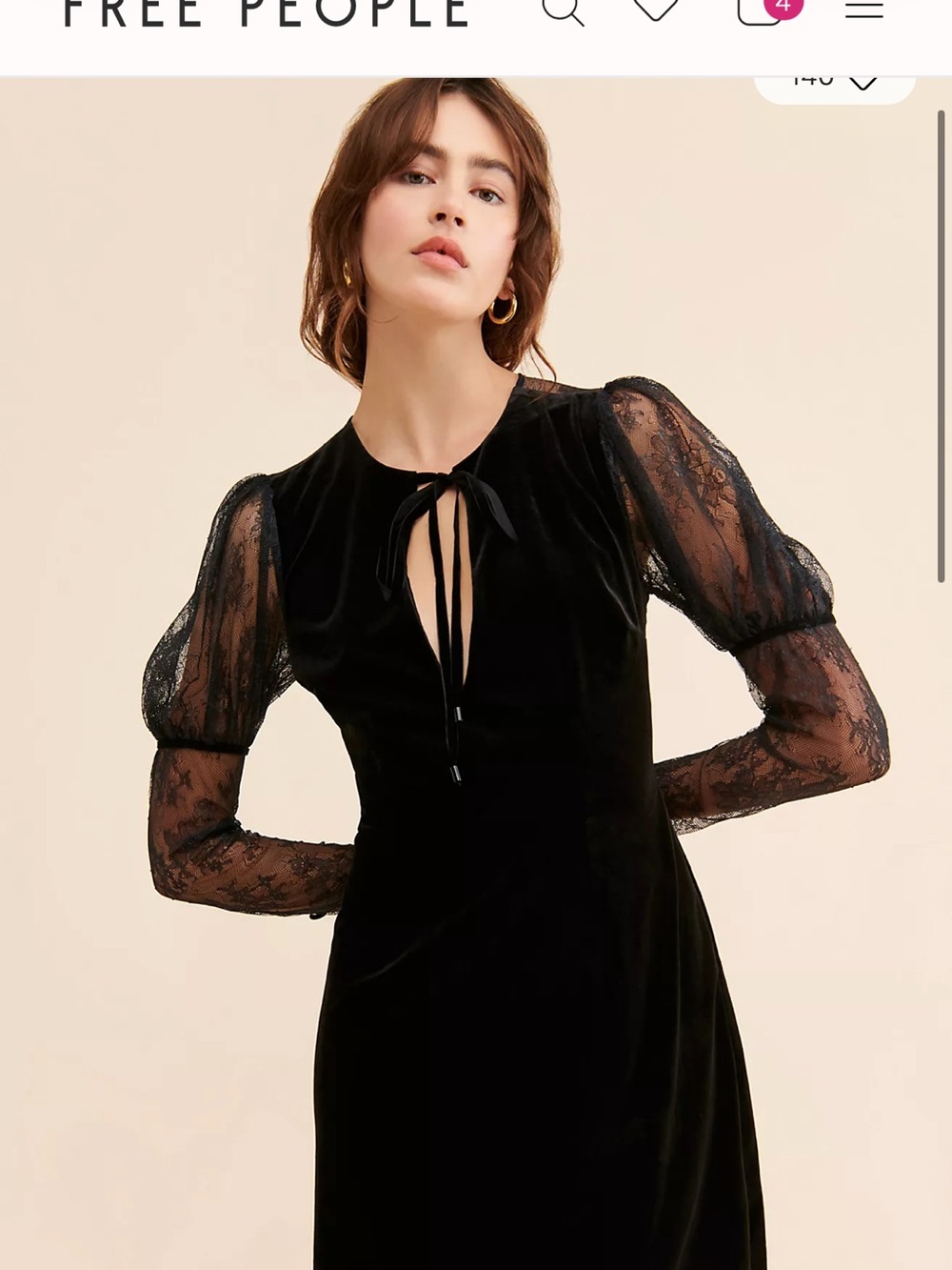 Free People Black Velvet Dress with Lace Puff Sleeves